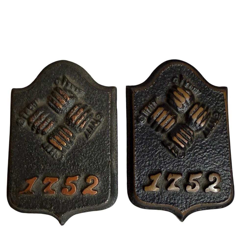 VTG Cast Iron Hand in Hand 1752 Fire Mark Plaques Pair